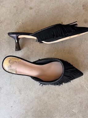 ANTONIO MELANI Black Suede Fringe Pointed Mule Heels